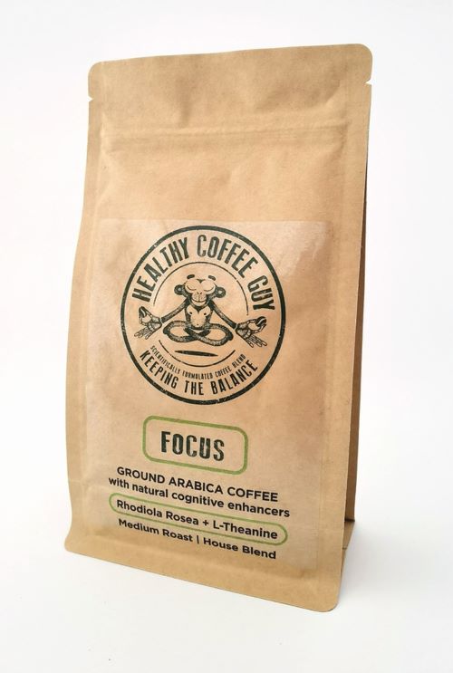 Healthy Coffee Guy branded 250g focus coffee with organic coffee and rhodiola rosea and l-theanine - kraft paper on white background