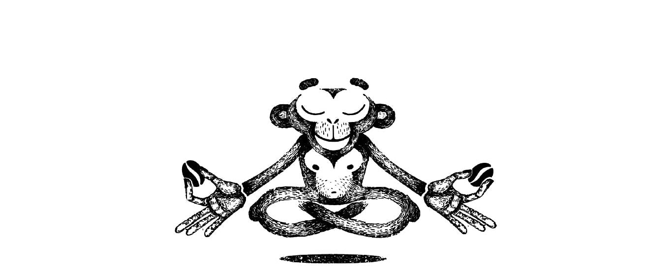 Healthy Coffee Guy Logo Monkey Character. Monkey sitting crossed legs, in meditation pose, holding coffee beans in each hand.