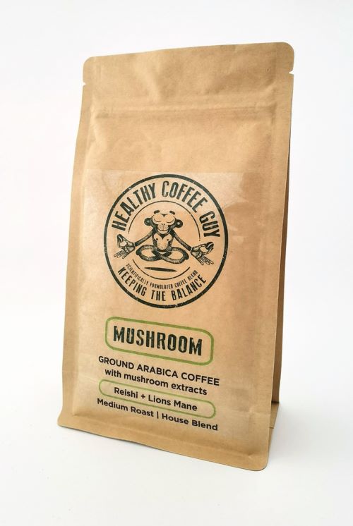 Healthy Coffee Guy branded 250g mushroom coffee with organic coffee and reishi and lions mane - kraft paper on white background