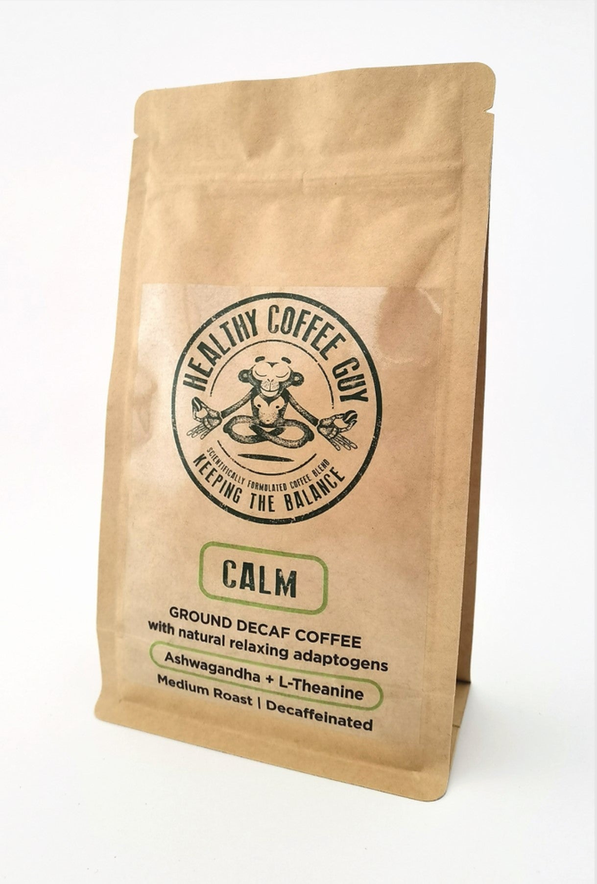 Healthy Coffee Guy branded 250g calming coffee with organic decaf coffee and ashwagandha and l-theanine - kraft paper on white background
