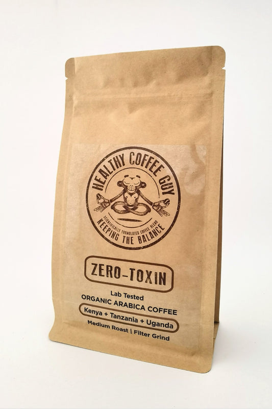 Healthy Coffee Guy branded 250g zero toxin organic coffee - kraft paper on white background
