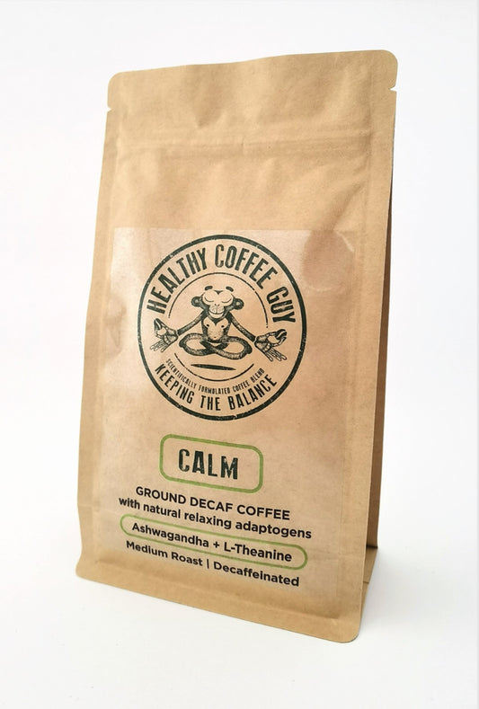 Healthy Coffee Guy branded 250g calming coffee with organic decaf coffee and ashwagandha and l-theanine - kraft paper on white background