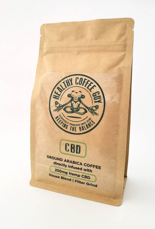 Healthy Coffee Guy branded 250g CBD-infused organic coffee - kraft paper on white background